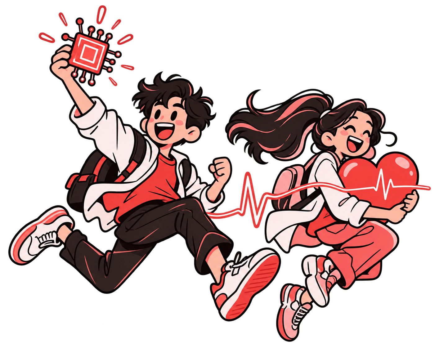 Students leaping around a circuit chip and a heart